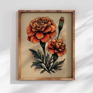 Marigold Flower Art Print – Bold Botanical Wall Art, Vintage Floral Illustration